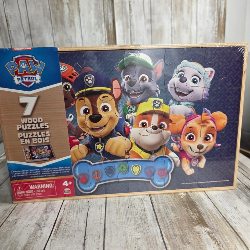 Paw Patrol 7 Wood Puzzles Set in Storage Box Spin Master Kids Jigsaw Puzzles NEW